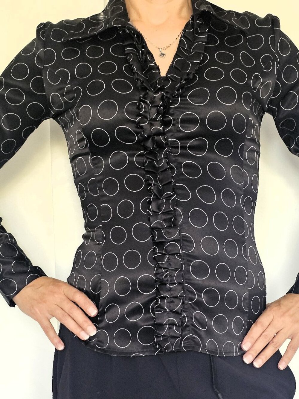 Antilia Femme Polka Dot Ruffle Blouse | Stretchy Work Top | Size Small